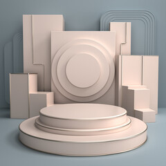 Circle podium mockup on with geometric shapes decoration. 3d rendering