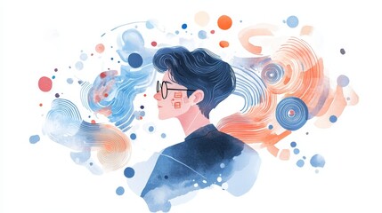 A watercolor illustration of a data analyst gazing thoughtfully into the distance, surrounded by abstract shapes representing data and information. This symbolizes the process of analyzing data, under