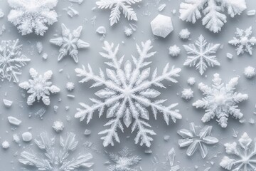 Diverse Snowflakes in Icy Patterns on a White Background, Macro Image of Genuine Snow Crystals