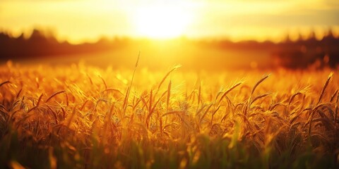 Fototapeta premium A beautiful close-up of a wheat field illuminated by the golden glow of the setting sun, creating a warm atmosphere.