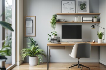 A clean and organized office space with a desk, chair, and computer monitor, generative ai image