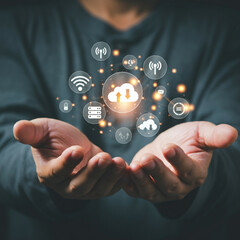 Hands Holding Cloud Technology, Wi-Fi Icons, Global Connectivity Icons, and Communication Icons