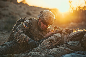 A Special Forces soldier providing medical assistance at sunset, showcasing bravery and dedication in critical moment. warm glow of sun enhances emotional intensity of scene