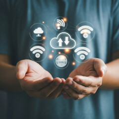 Hands Holding Cloud Technology, Wi-Fi Icons, Global Connectivity Icons, and Communication Icons