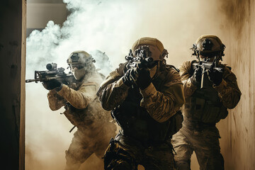 Fototapeta premium Special Forces team conducting hostage rescue operation, showcasing tactical skills and teamwork in smoke filled environment. intensity of moment is palpable