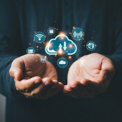 Hands Holding Cloud Technology, Wi-Fi Icons, Global Connectivity Icons, and Communication Icons