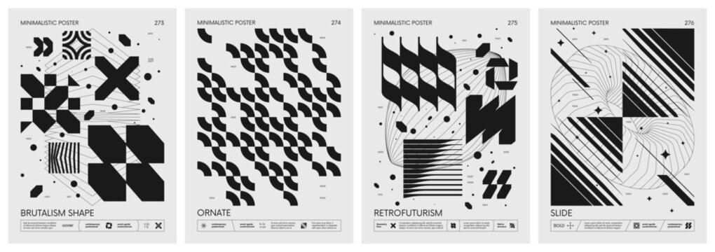 Brutalist style vector minimalistic Posters with silhouette basic figures, Retro futuristic graphic elements of geometrical shapes rave composition, Modern monochrome print artwork, set 69