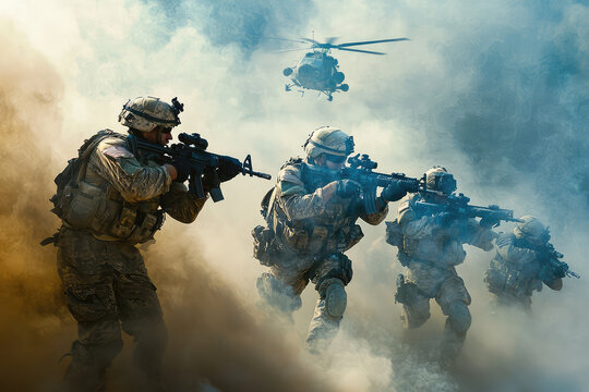 A team of Special Forces soldiers executing covert operation in smoky environment, showcasing their tactical skills and teamwork. scene is intense and dynamic, with helicopter overhead