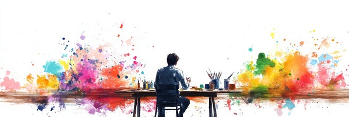A watercolor illustration of an artist sitting at a desk with a blank canvas, surrounded by colorful paint splatters. The image symbolizes creativity, imagination, artistic expression, and the pursuit