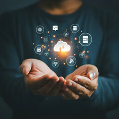 Hands Holding Cloud Technology, Wi-Fi Icons, Global Connectivity Icons, and Communication Icons