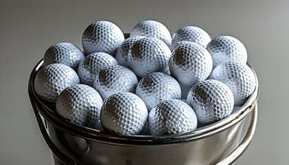 Meticulously Arranged Shiny White Golf Balls in a Metallic Bucket Symbolizing Precision in Golf