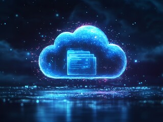  Digital futuristic glowing cloud with folders and files, modern cloud virtual technology for business and entertainment