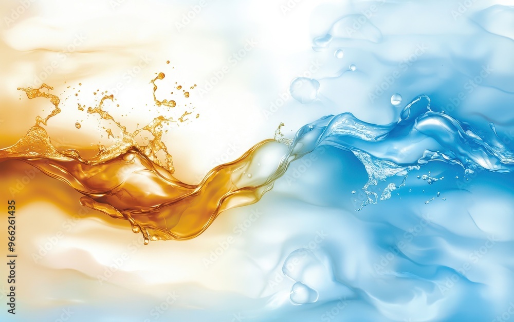 Poster dynamic splash of golden and blue liquid creating a vibrant and artistic background perfect for vari