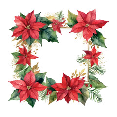 Frame of Watercolor red poinsettia flowers, Christmas bouquets, vector isolated on white
