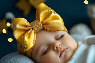 A gold bow with sparkles around it, catching the light and drawing attention to the babyâ€™s birth date printed above