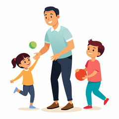 Dad plays ball with his daughter and son in the park. Concept art for Father's Day. Flat vector illustration in cartoon style.