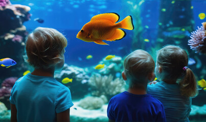 Three children watch colorful fish swim in a large aquarium