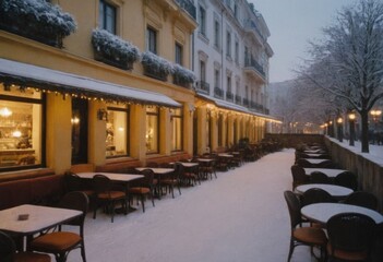 Fototapeta premium An outdoor cafe with tables and chairs covered in snow, with a Christmas tree in the background