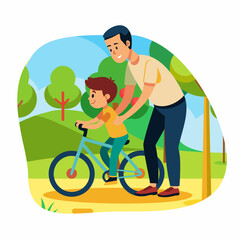 Dad teaches his son to ride a bike. Father's Day concept art. Flat vector illustration in cartoon style.