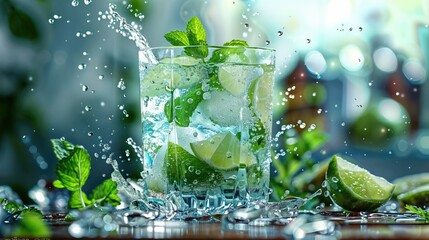 Refreshing mojito cocktail with lime, mint, and ice cubes.