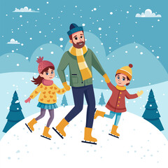Father skates with his daughters. Concept art for Father's Day. Flat vector illustration in cartoon style.
