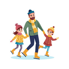Father skates with his daughters. Concept art for Father's Day. Flat vector illustration in cartoon style.