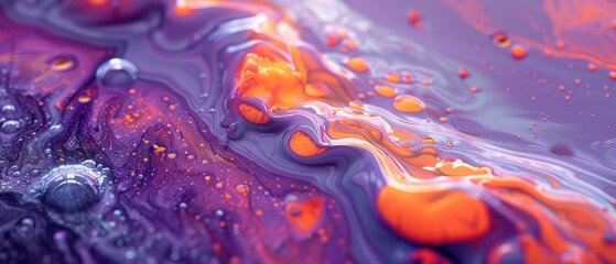 Vibrant abstract painting with swirling patterns of orange and purple. A stunning display of fluid art, perfect for creative projects.