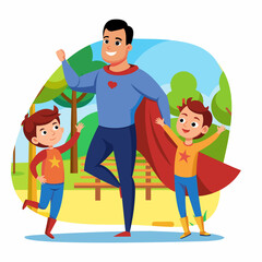 Father with sons in the park. Super hero dad. Concept art for Father's Day. Flat vector illustration in cartoon style.