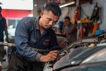 Auto mechanic working on a car engine in repair shop. Mid adult mechanic repairing a car in auto repair shop. There are people in the background.