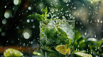 Refreshing Mojito Cocktail with Lime and Mint in a Glass with Ice Cubes.