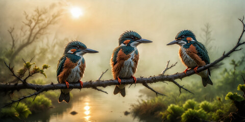 Trzy ptaki - zimorodki siedzące na gałęzi z rzeką w tle i słońcem prześwitującym przez drzewa za nimi.