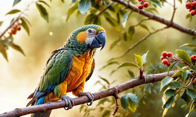 Kolorowa papuga siedząca na gałęzi drzewa w tle gałęzie i promienie słońca.