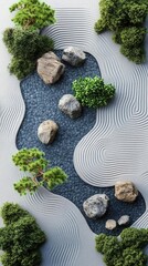 Japanese rock garden flat design top view mindfulness theme 3D render Complementary Color Scheme