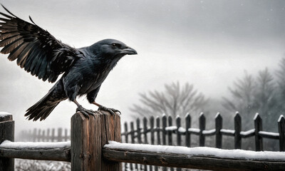 Kruk siedzący na ośnieżonym drewnianym płocie