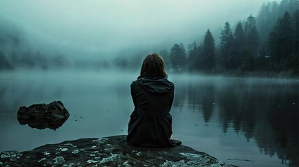 Lonely woman is sitting on the shore of a forest lake. Autumn landscape, calmness, tranquility, travel.