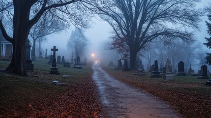 Obraz premium A foggy cemetery path lined with gravestones, creating a haunting atmosphere.