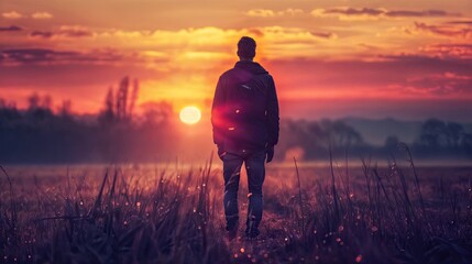 walking young man over field and sunset