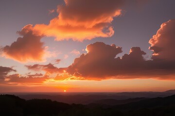 Fototapeta premium Stunning Sunset View with Vibrant Tangerine Clouds and Soft Sunlight
