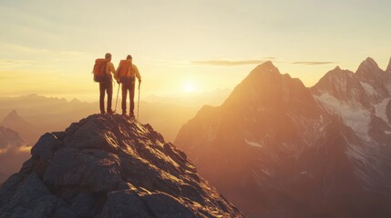 Two hikers stand on mountain at sunrise in backpack