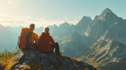 Fototapeta premium Two hikers resting on a mountain overlooking peaks