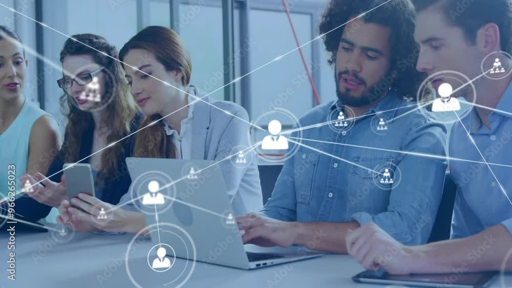Poster animation of network of connections with icons over diverse colleagues discussing work in office