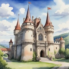 Fototapeta premium Medieval childish castle watercolor illustration