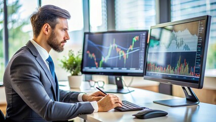 Businessperson Analyzing Market Trends on a Computer for Strategic Planning and Growth Opportunities