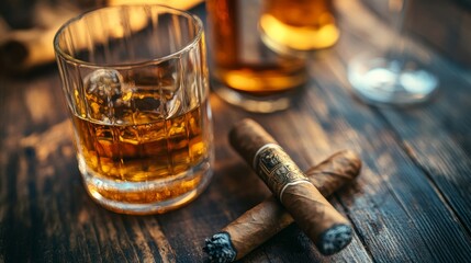 ZERO TRADEMARKS AND LOGOS! HANDMADE LABELS! close-up of a whiskey bottle, a cigar, and a glass separated on the colored back.