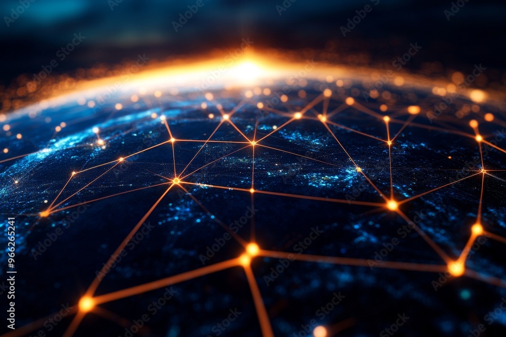 Poster an abstract image of a digital global network, symbolizing interconnectedness, communication, techno