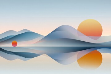 An abstract geometric design of a mountain lake with a sunset. The image evokes feelings of tranquility, serenity, and peace. It symbolizes the beauty of nature, the power of the sun, and the reflecti