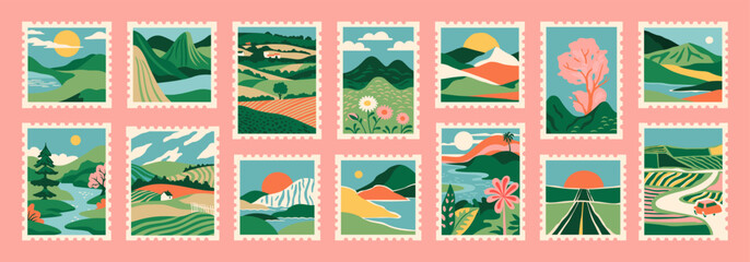 Set of retro nature landscape post card stamp. Vintage style natural environment scenery postage sticker collection, travel destination mail, beautiful tourism scenery. Includes mountain, beach view.	