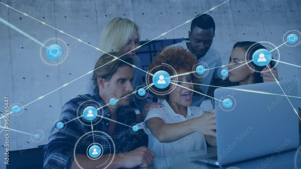 Poster animation of network of connections with icons over diverse colleagues discussing work in office