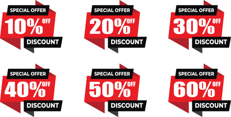 Sale vector badge templates with sale percentage symbols, flat discount promotion icon, red sale sticker with white text. Vector illustration eps 10