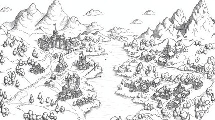 Obraz premium A detailed pencil sketch of a medieval city and surrounding fantasy landscape, showcasing a bustling city center, rolling hills, and a winding river, perfect for inspiring game design or fantasy art.